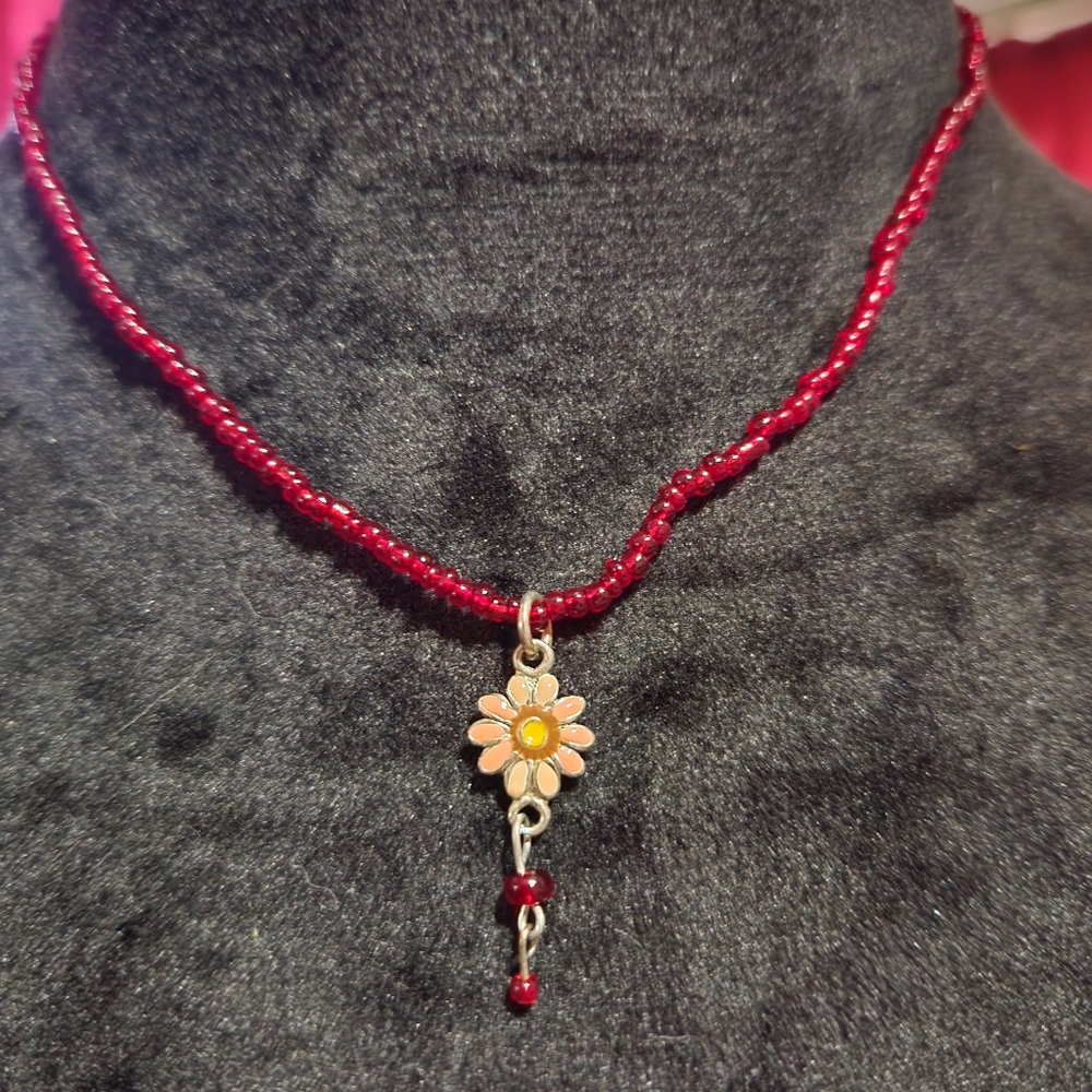 Red and silver flower necklace 16 inches